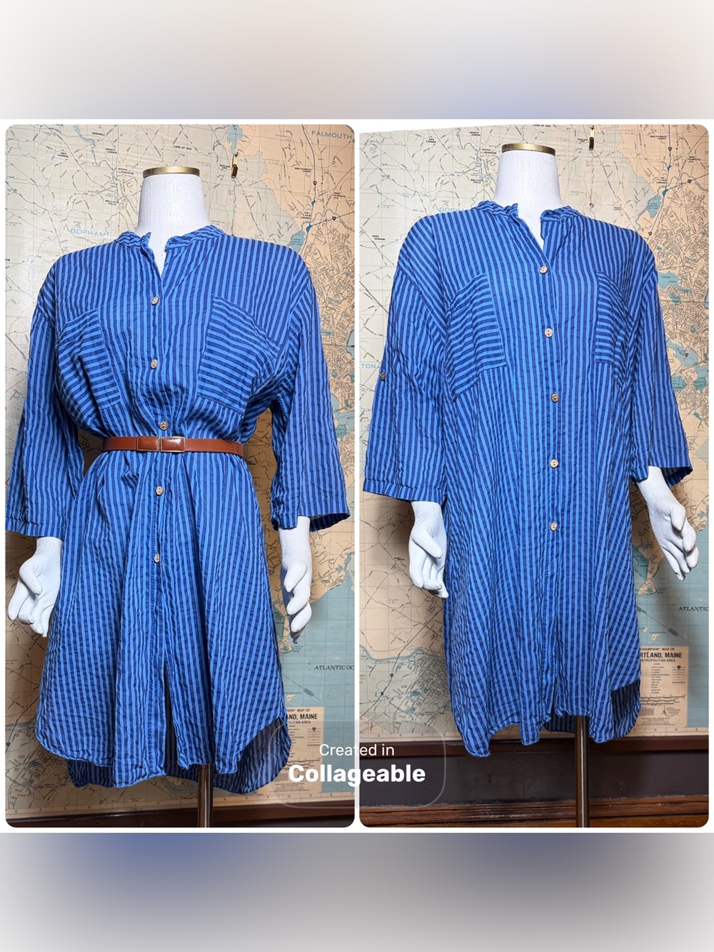 Italian Cotton Blue Striped Button-Front Shirt Dress, Large